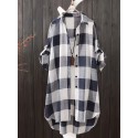 Plus Size Plaid Print Button Front Shirt, Casual High Low Hem Long Sleeve Shirt For Spring & Fall, Women's Plus Size Clothing