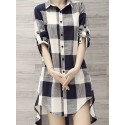 Plus Size Plaid Print Button Front Shirt, Casual High Low Hem Long Sleeve Shirt For Spring & Fall, Women's Plus Size Clothing