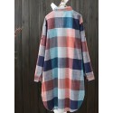 Plus Size Plaid Print Button Front Shirt, Casual High Low Hem Long Sleeve Shirt For Spring & Fall, Women's Plus Size Clothing