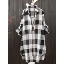 Plus Size Plaid Print Button Front Shirt, Casual High Low Hem Long Sleeve Shirt For Spring & Fall, Women's Plus Size Clothing