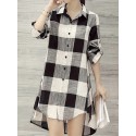 Plus Size Plaid Print Button Front Shirt, Casual High Low Hem Long Sleeve Shirt For Spring & Fall, Women's Plus Size Clothing