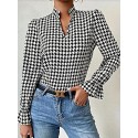 Elegant Plus Size Houndstooth V-Neck Blouse with Lantern Sleeves - Non-Stretch, Woven Polyester for All Seasons