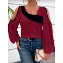 Plus Size Colorblock Cold Shoulder Blouse, Casual Asymmetrical Neck Long Sleeve Blouse For Spring, Women's Plus Size Clothing