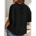 Tooluck Plus Size Women's Casual Lace-Up Dolman Sleeve Plunge Collar Shirt Top