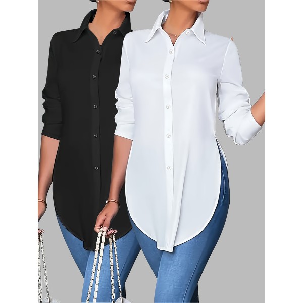 2 Packs Plus Size Solid Button Front Shirt, Casual Curved Hem Long Sleeve Shirt For Spring & Fall, Women's Plus Size Clothing