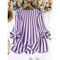 Plus Size Striped Print Blouse, Elegant Notched Neck Tie Cuff Top For Spring, Women's Plus Size Clothing