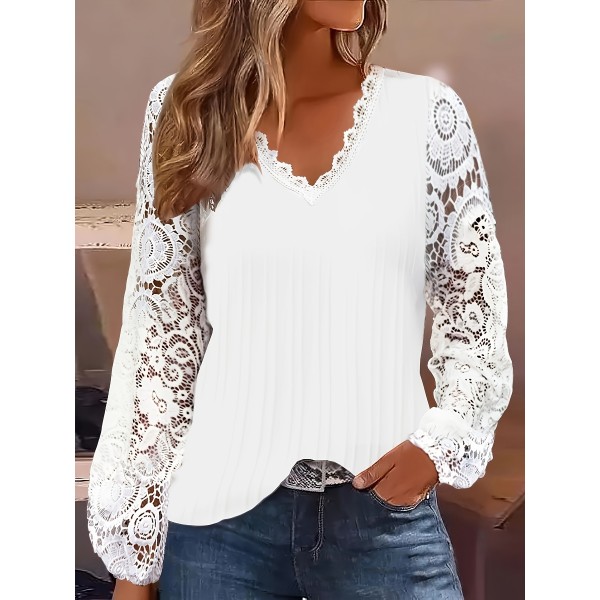 Plus Size Lace Stitching Solid Blouse, Elegant V Neck Long Sleeve Blouse For Spring, Women's Plus Size Clothing