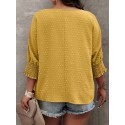 Plus Size Solid Pullover Blouse, Crew Crew Neck Half Sleeve Shirred Cuff Blouse For Spring & Fall, Women's Plus Size Clothing