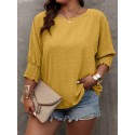 Plus Size Solid Pullover Blouse, Crew Crew Neck Half Sleeve Shirred Cuff Blouse For Spring & Fall, Women's Plus Size Clothing