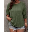 Plus Size Solid Pullover Blouse, Crew Crew Neck Half Sleeve Shirred Cuff Blouse For Spring & Fall, Women's Plus Size Clothing