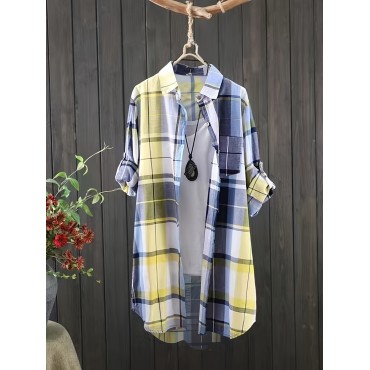 Plus Size Plaid Print Collared Button Shirt, Casual Long Sleeve Shirt For Spring & Fall, Women's Plus Size Clothing