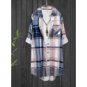 Plus Size Plaid Print Collared Button Shirt, Casual Long Sleeve Shirt For Spring & Fall, Women's Plus Size Clothing