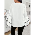 Plus Size Contrast Trim Crew Neck Blouse, Elegant Layered Ruffle Sleeve Top For Spring & Fall, Women's Plus Size Clothing