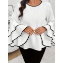 Plus Size Contrast Trim Crew Neck Blouse, Elegant Layered Ruffle Sleeve Top For Spring & Fall, Women's Plus Size Clothing