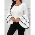 Plus Size Contrast Trim Crew Neck Blouse, Elegant Layered Ruffle Sleeve Top For Spring & Fall, Women's Plus Size Clothing