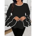 Plus Size Contrast Trim Crew Neck Blouse, Elegant Layered Ruffle Sleeve Top For Spring & Fall, Women's Plus Size Clothing