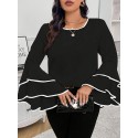 Plus Size Contrast Trim Crew Neck Blouse, Elegant Layered Ruffle Sleeve Top For Spring & Fall, Women's Plus Size Clothing