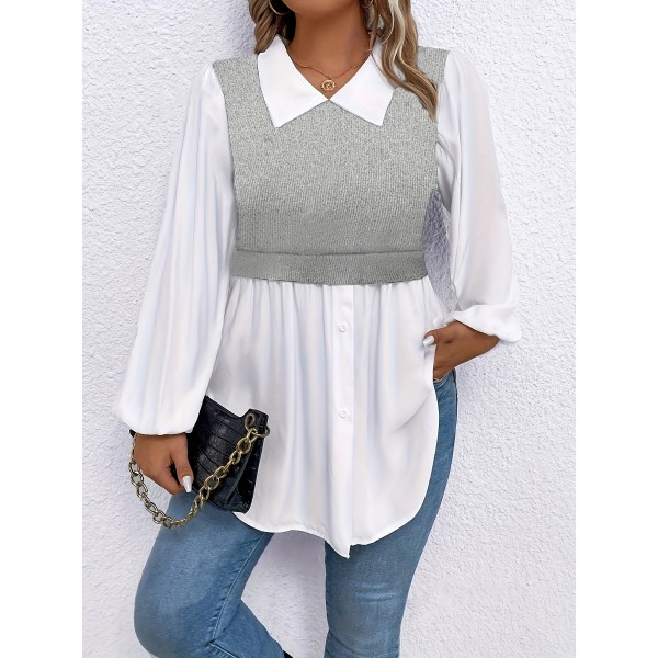 Women's Plus Size High-Neck Casual Shirt with Color Block Design, Woven Polyester, Elastic Fit for All Seasons