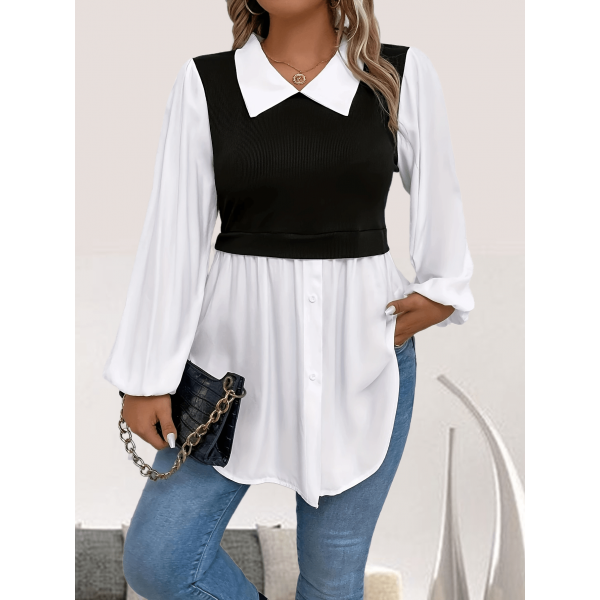 Plus Size Colorblock Polo Collar Blouse Casual Long Sleeve Blouse For Spring & Fall, Women's Plus Size Clothing