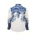 Plus Size Floral Print Blouse - Casual Lapel Long Sleeve Shirt - Polyester & Spandex Blend with Slight Stretch, Button Detail, Regular Length - Oversized Style for Going Out, All Seasons, Woven H-Fit - Middle East Collection