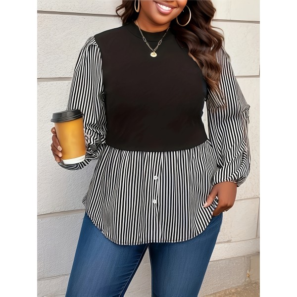 Plus Size Striped Print Blouse, Casual Crew Neck Long Sleeve Blouse For Spring, Women's Plus Size Clothing