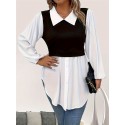 Plus Size Colorblock Polo Collar Blouse Casual Long Sleeve Blouse For Spring & Fall Women's Plus Size Clothing