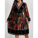 Boho-Chic Plus Size V-Neck Dress with Lantern Sleeves - Elegant Geometric Pattern, Rayon, Machine Washable