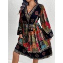 Boho-Chic Plus Size V-Neck Dress with Lantern Sleeves - Elegant Geometric Pattern, Rayon, Machine Washable