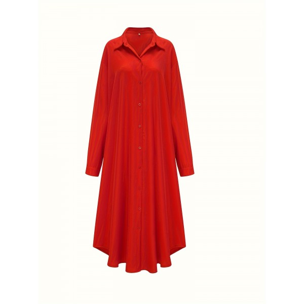 Plus Size Elegant Dress, Women's Plus Solid Button Up Long Sleeve Lapel Collar Shirt Dress