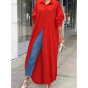 Plus Size Elegant Dress, Women's Plus Solid Button Up Long Sleeve Lapel Collar Shirt Dress