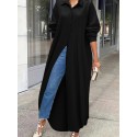 Plus Size Elegant Dress, Women's Plus Solid Button Up Long Sleeve Lapel Collar Shirt Dress