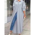 Plus Size Elegant Dress, Women's Plus Solid Button Up Long Sleeve Lapel Collar Shirt Dress