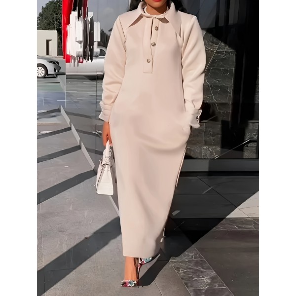 1pc Elegant Plus Size Long Sleeve Collared Knit Dress - Polyester Thickened Solid Color Mid-Length for Autumn/Winter