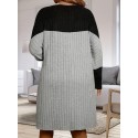 Plus Size Color Block Knit Dress, Long Sleeve, Knee-Length, Round Neck, Casual Loose Fit, Straight Hem, Spring/Autumn Fashion, Polyester Fabric, No Padding, Ribbed Detail, Pullover Style