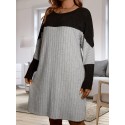 Plus Size Color Block Knit Dress, Long Sleeve, Knee-Length, Round Neck, Casual Loose Fit, Straight Hem, Spring/Autumn Fashion, Polyester Fabric, No Padding, Ribbed Detail, Pullover Style