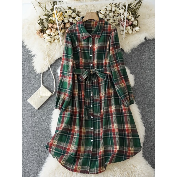 Chic Plaid Shirt Dress with Belt - Casual Polyester, Machine Washable, Non-Stretch Fabric for All Seasons