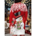 Women's Festive Christmas Snowman & Snowflake Print V-Neck Long Sleeve Dress - Casual Knit, Stretchy Polyester Blend, Machine Washable