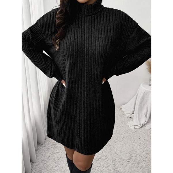 1pc Women'S Plus Size High Neck Rib-Knit Dress - Casual Polyester Knee-Length Pullover with Slight Stretch for Fall/Winter - Long Sleeve Solid Color Sweater Dress