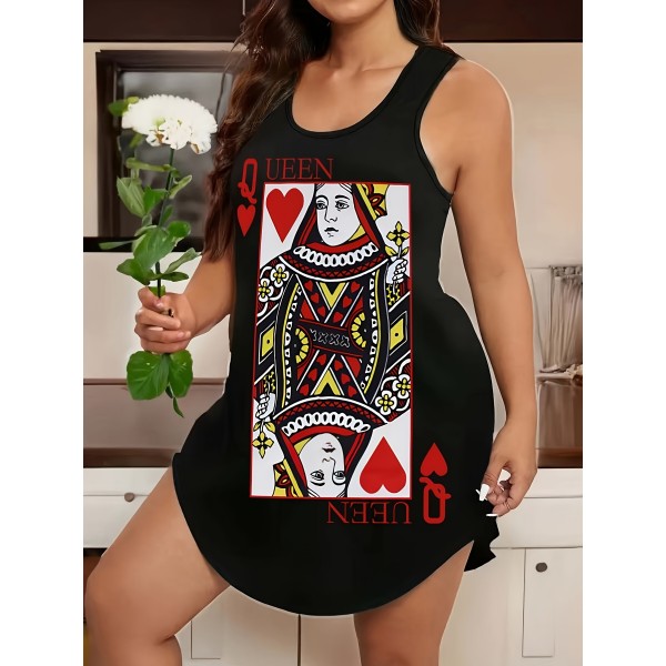 Plus Size Poker Card Print Tank Dress, Casual Curved Hem Sleeveless Dress For Spring & Summer, Women's Plus Size Clothing