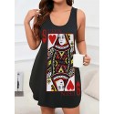 Plus Size Poker Card Print Tank Dress, Casual Curved Hem Sleeveless Dress For Spring & Summer, Women's Plus Size Clothing