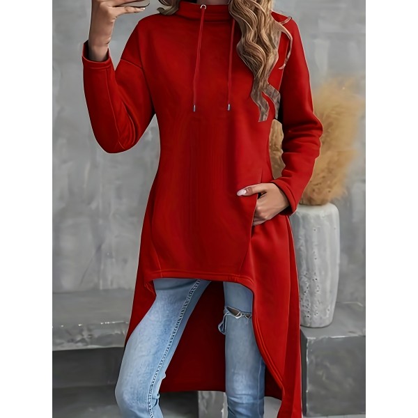 Elegant Women'S Plus-Size Hoodie with Drawstring, Long Sleeve, Asymmetrical Hem, and Pocket - Polyester Knit Fabric, Casual Fit for Autumn/Winter