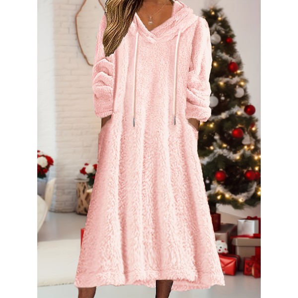 Plus Size Solid Color Hooded Dress, Casual Drawstring Long Sleeve Dress For Fall & Winter, Women's Plus Size Clothing