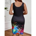 Elegant Polyester Knit Dress with Square Neckline - Spring/Summer Collection, Fitted Style, Random Print Design, Micro Elastic Fabric, Women's Plus Size