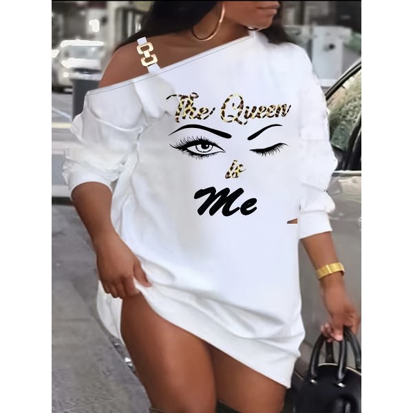 Plus Size The Queen Is Me Print Dress, Casual Chain Linked Cold Shoulder Long Sleeve Dress, Women's Plus Size Clothing