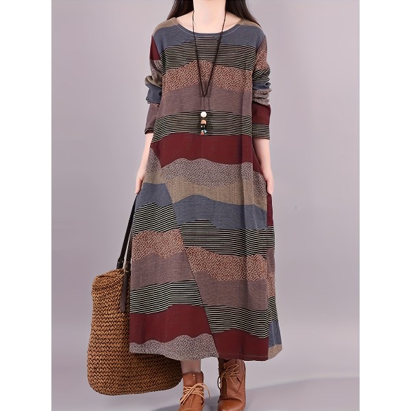 Plus Size Stripes Print Crew Neck Dress, Casual Long Sleeve Side Pockets Loose Asymmetrical Hem Dress For Spring & Fall, Women's Plus Size Clothing