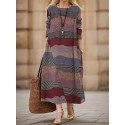 Plus Size Stripes Print Crew Neck Dress, Casual Long Sleeve Side Pockets Loose Asymmetrical Hem Dress For Spring & Fall, Women's Plus Size Clothing