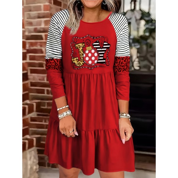 Women's Plus Size Christmas Print Long Sleeve Dress, Elegant Round Neck, Stretch Polyester, Regular Sleeve, A-Line, Tiered Cake Hem, Pullover, Knit Fabric