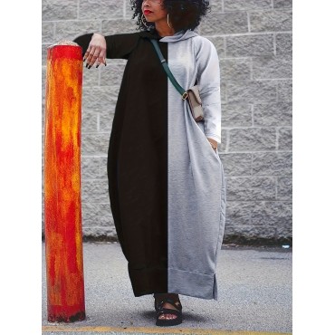 Plus Size Color Block Hooded Dress, Casual Long Sleeve Crew Neck Maxi Dress For Spring & Fall, Women's Plus Size Clothing