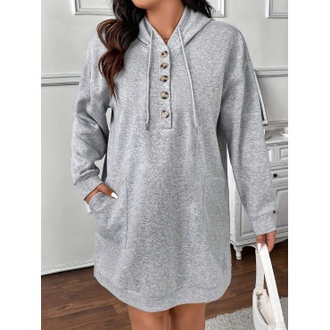 Women's Plus Size Casual Hoodie Dress - Long Sleeve, Button Detail, Knee-Length in Gray