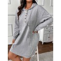 Women's Plus Size Casual Hoodie Dress - Long Sleeve, Button Detail, Knee-Length in Gray